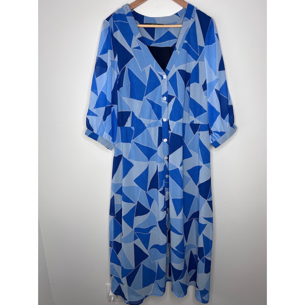eShakti Blue‎ Geometric Button Front Midi Maxi Dress 1X-18W Plus Size Chiffon
